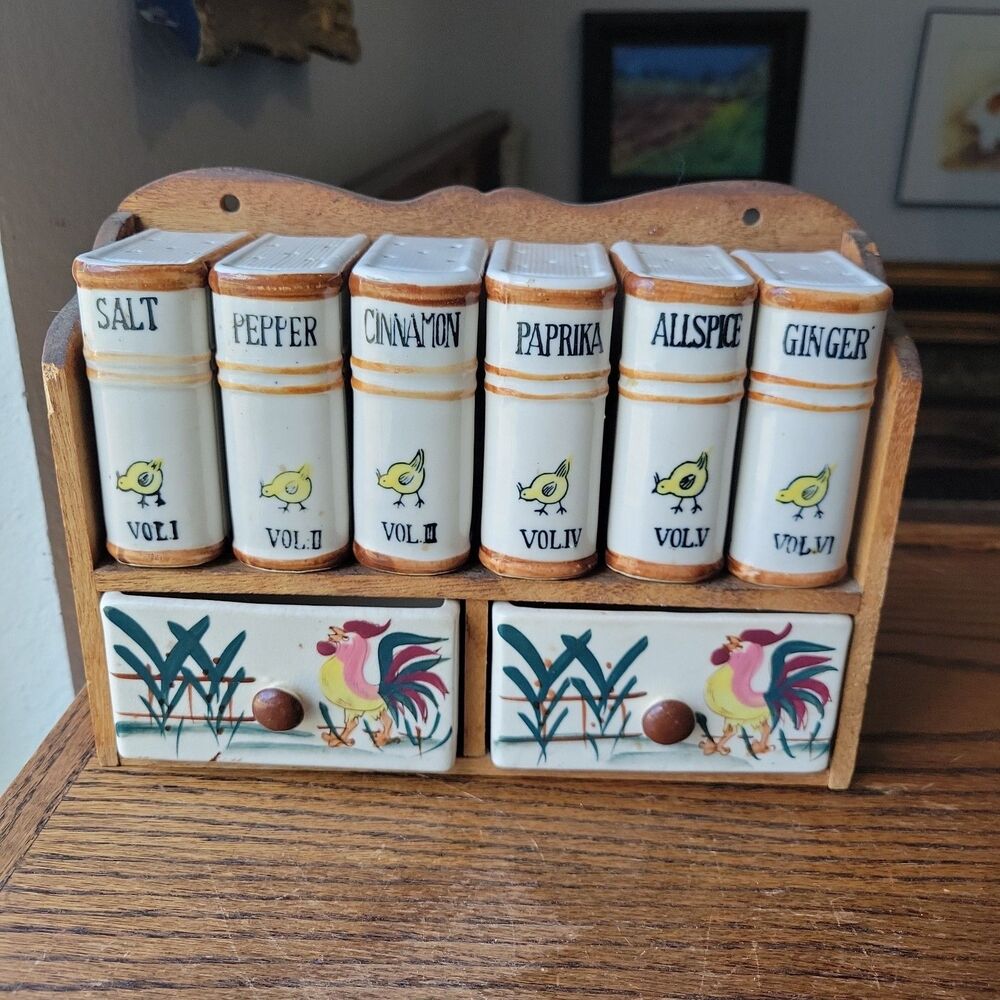 VTG Spice Set Chick Rooster Wood Rack Fred Roberts Japan 6 Shakers 2 Spice Boxes